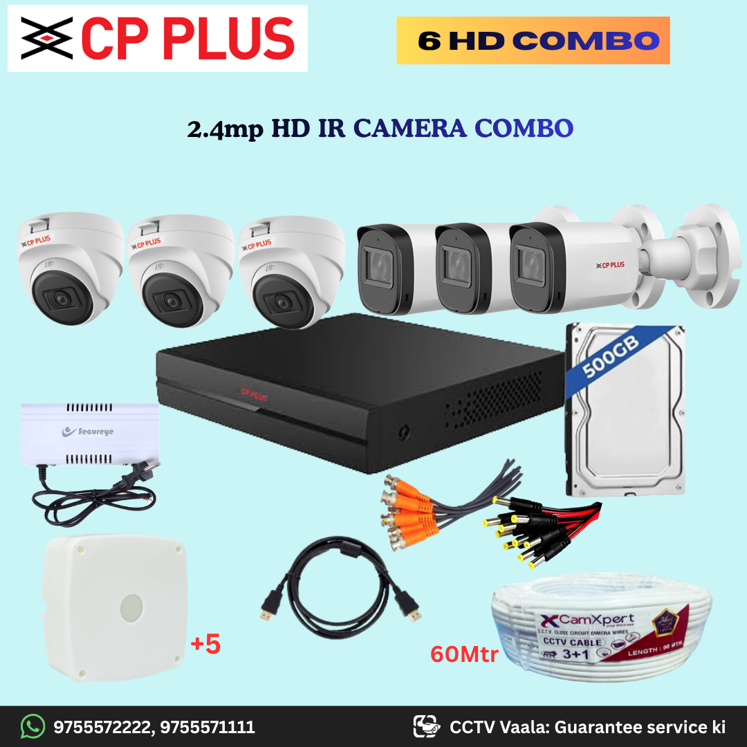 CP PLUS 6 HD Camera Full HD 2.4MP CCTV Combo Kit | 3 Dome + 3 Bullet Cameras with 30mtr IR | 8CH DVR | 500GB HDD| Power Supply | 60m 3+1 CCTV Cable | BNC, DC, Camera Boxes, HDMI | FREE Installation