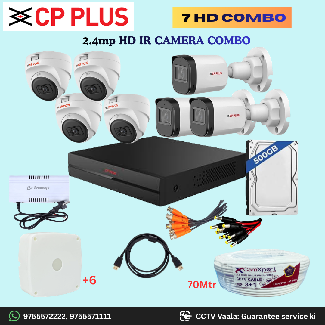CP PLUS 7 HD Camera Full HD 2.4MP CCTV Combo Kit | 4 Dome + 3 Bullet Cameras with 30mtr IR | 8CH DVR | 500GB HDD | Power Supply | 70m 3+1 CCTV Cable | BNC, DC, Camera Boxes, HDMI | FREE Installation