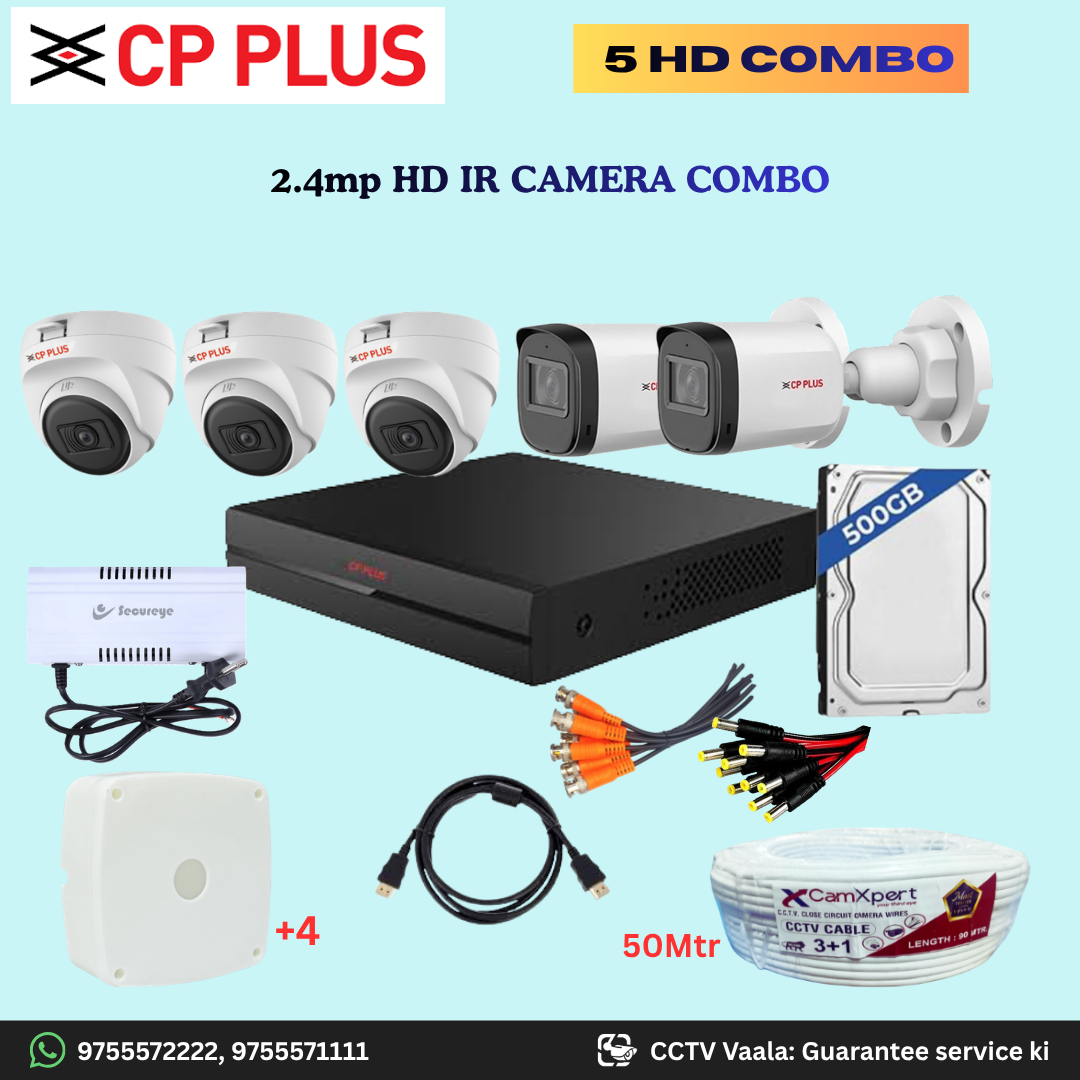 CP PLUS 5 HD Camera Full HD 2.4MP CCTV Combo Kit | 3 Dome + 2 Bullet Cameras with 30mtr IR | 8CH DVR | 500GB HDD | Power Supply | 50m 3+1 CCTV Cable | BNC, DC, Camera Boxes, HDMI | FREE Installation