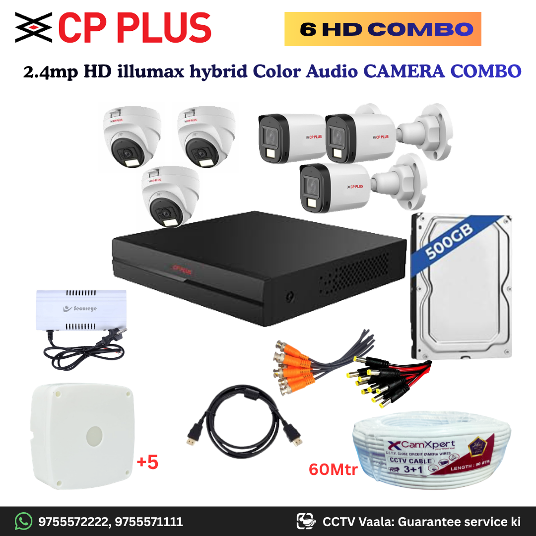 CP PLUS ILLUMAX 6 HD Camera Full HD 2.4MP CCTV Combo Kit | 3 Dome + 3 Bullet Cameras with Audio & Duel LIGHT Color Night Vision | 8CH DVR | 500GB HDD | Power Supply | 60m 3+1 CCTV Cable | BNC, DC, Camera Boxes, HDMI | FREE Installation