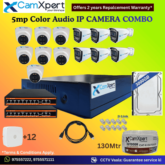 CamXpert 13 IP Camera 5MP Smart IP CCTV Combo Kit | 7 Dome + 6 Bullet Cameras with Audio & Full Color Night Vision | 16CH 8MP NVR | 3000GB HDD | 2 PoE 8+2 | 130m Cat-6 | RJ45, Camera Boxes, HDMI | FREE Installation