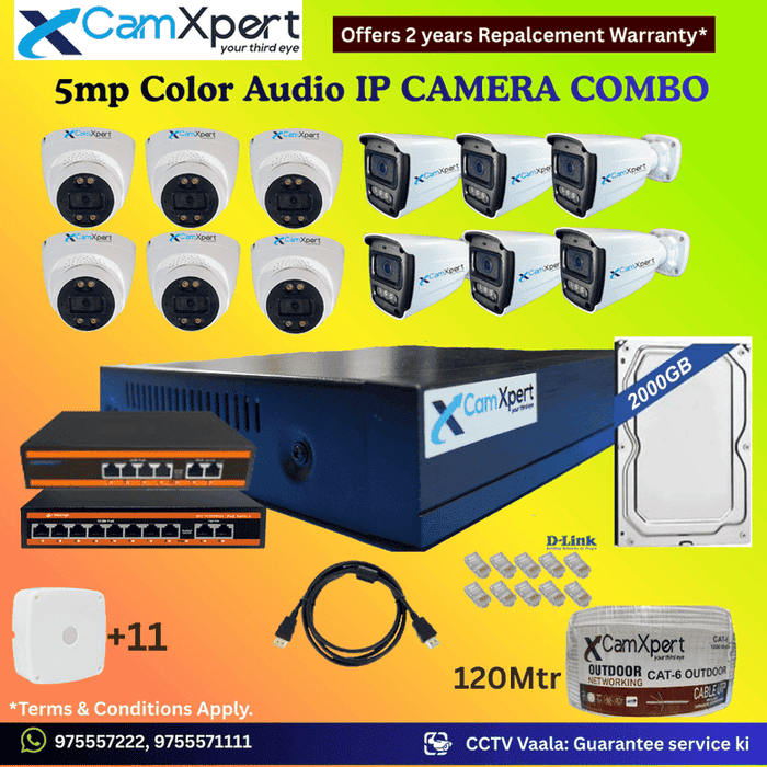 CamXpert 12 IP Camera 5MP Smart IP CCTV Combo Kit | 6 Dome + 6 Bullet Cameras with Audio & Full Color Night Vision | 16CH 8MP NVR | 2000GB HDD | PoE 8+2 + PoE 4+2 | 120m Cat-6 | RJ45, Camera Boxes, HDMI | FREE Installation