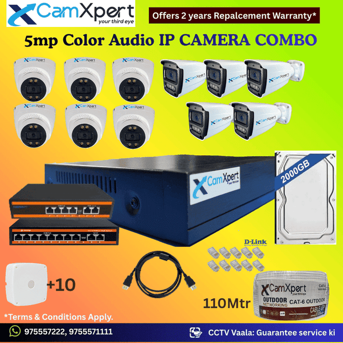 CamXpert 11 IP Camera 5MP Smart IP CCTV Combo Kit | 6 Dome + 5 Bullet Cameras with Audio & Full Color Night Vision | 16CH 8MP NVR | 2000GB HDD | PoE 8+2 + PoE 4+2 | 110m Cat-6 | RJ45, Camera Boxes, HDMI | FREE Installation