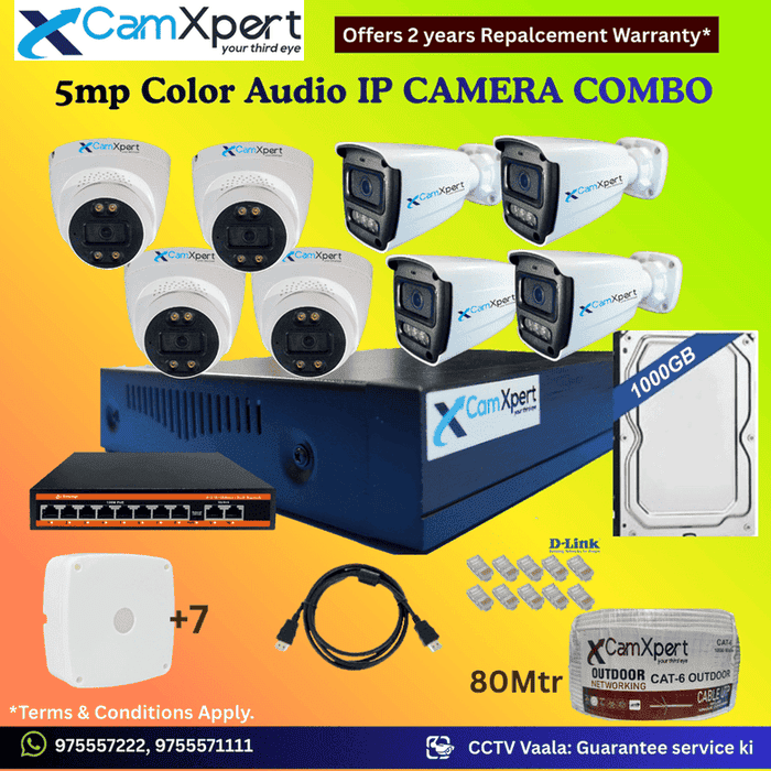 CamXpert 8 IP Camera 5MP Smart IP CCTV Combo Kit | 4 Dome + 4 Bullet Cameras with Audio & Full Color Night Vision | 10CH 8MP NVR | 1000GB HDD | PoE 8+2 | 80m Cat-6 | RJ45, Camera Boxes, HDMI | FREE Installation