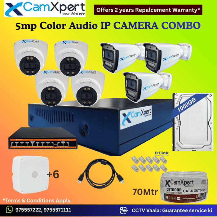 CamXpert 7 IP Camera 5MP Smart IP CCTV Combo Kit | 4 Dome + 3 Bullet Cameras with Audio & Full Color Night Vision | 10CH 8MP NVR | 1000GB HDD | PoE 8+2 | 70m Cat-6 | RJ45, Camera Boxes, HDMI | FREE Installation