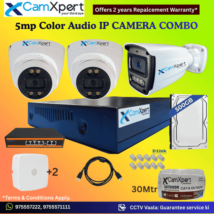 CamXpert 3 IP Camera 5MP Smart IP CCTV Combo Kit | 2 Dome + 1 Bullet Cameras with Audio & Full Color Night Vision | 10CH 8MP NVR | 500GB HDD | PoE 4+2 | 30m Cat-6 | RJ45, Camera Boxes, HDMI | FREE Installation