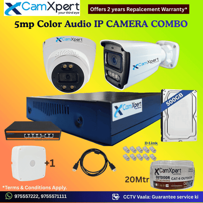 CamXpert 1 IP Camera 5MP Smart IP CCTV Combo Kit | 1 Bullet Cameras with Audio & Full Color Night Vision | 10CH 8MP NVR | 500GB HDD | PoE 4+2 | 10m Cat-6 | RJ45, Camera Boxes, HDMI | FREE Installation