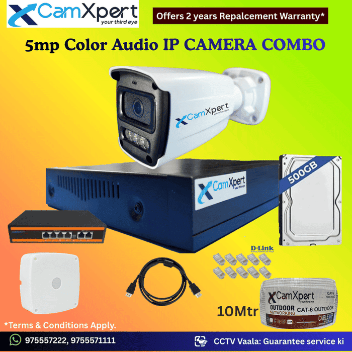 CamXpert 2 IP Camera 5MP Smart IP CCTV Combo Kit | 1 Dome + 1 Bullet Cameras with Audio & Full Color Night Vision | 10CH 8MP NVR | 500GB HDD | PoE 4+2 | 20m Cat-6 | RJ45, Camera Boxes, HDMI | FREE Installation