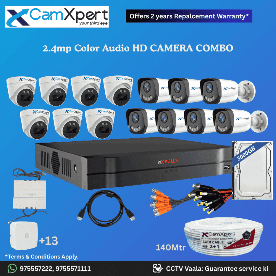 CamXpert 14 HD Camera Full HD 2.4MP CCTV Combo Kit | 7 Dome + 7 Bullet Cameras with Audio & Full Color Night Vision | 16CH 5MP XVR | 3000GB HDD | Power Supply | 140m 3+1 CCTV Cable | BNC, DC, Camera Boxes, HDMI | FREE Installation