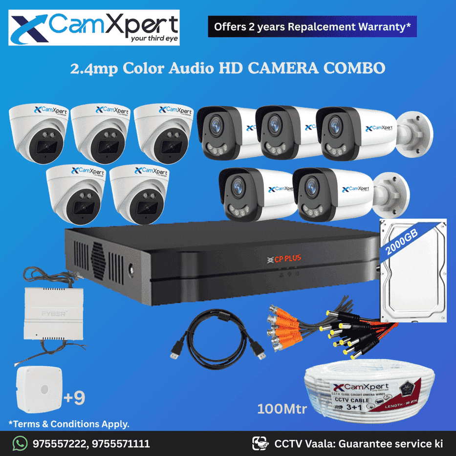 CamXpert 10 HD Camera Full HD 2.4MP CCTV Combo Kit | 5 Dome + 5 Bullet Cameras with Audio & Full Color Night Vision | 16CH 5MP XVR | 2000GB HDD | Power Supply | 100m 3+1 CCTV Cable | BNC, DC, Camera Boxes, HDMI | FREE Installation