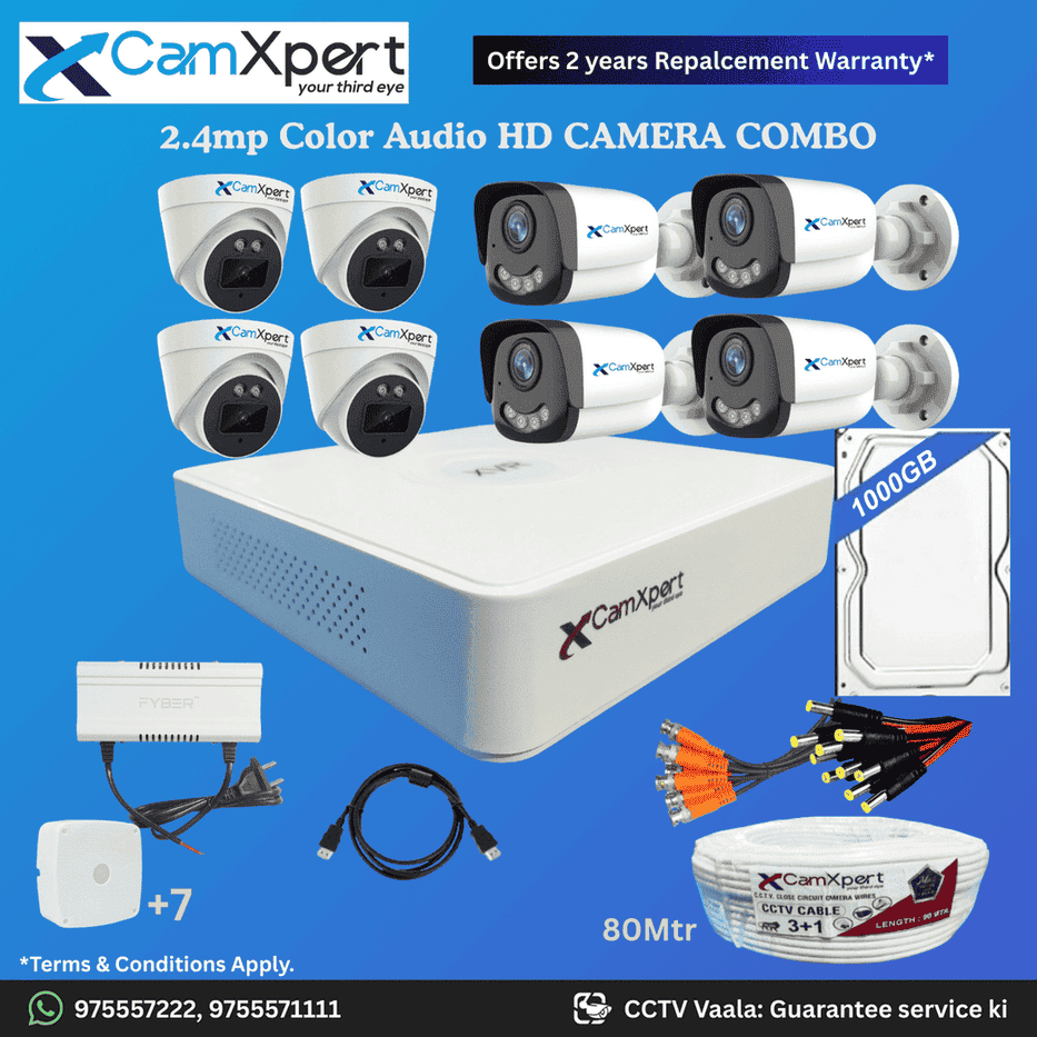 CamXpert 8 HD Camera Full HD 2.4MP CCTV Combo Kit | 4 Dome + 4 Bullet Cameras with Audio & Full Color Night Vision | 8CH 5MP XVR | 1000GB HDD | Power Supply | 80m 3+1 CCTV Cable | BNC, DC, Camera Boxes, HDMI | FREE Installation