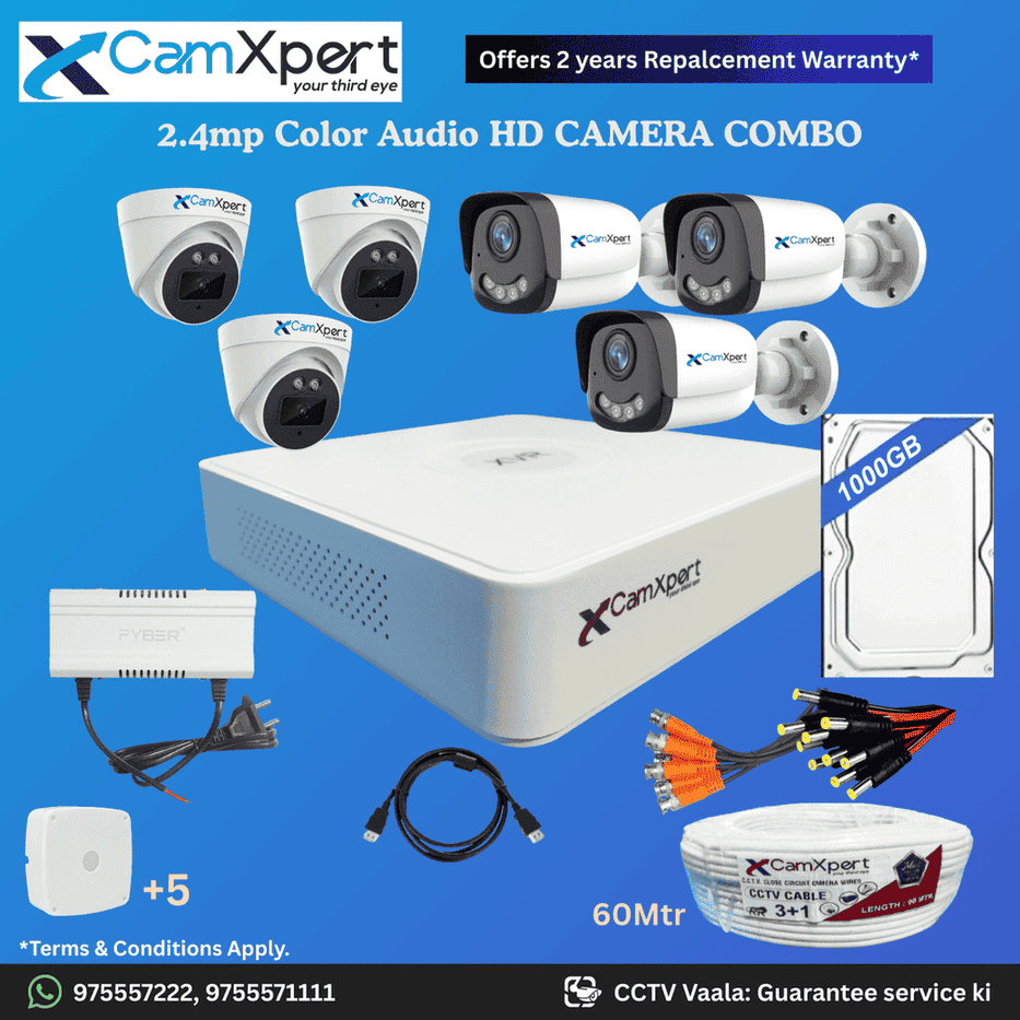 CamXpert 6 HD Camera Full HD 2.4MP CCTV Combo Kit | 3 Dome + 3 Bullet Cameras with Audio & Full Color Night Vision | 8CH 5MP XVR | 1000GB HDD | Power Supply | 60m 3+1 CCTV Cable | BNC, DC, Camera Boxes, HDMI | FREE Installation
