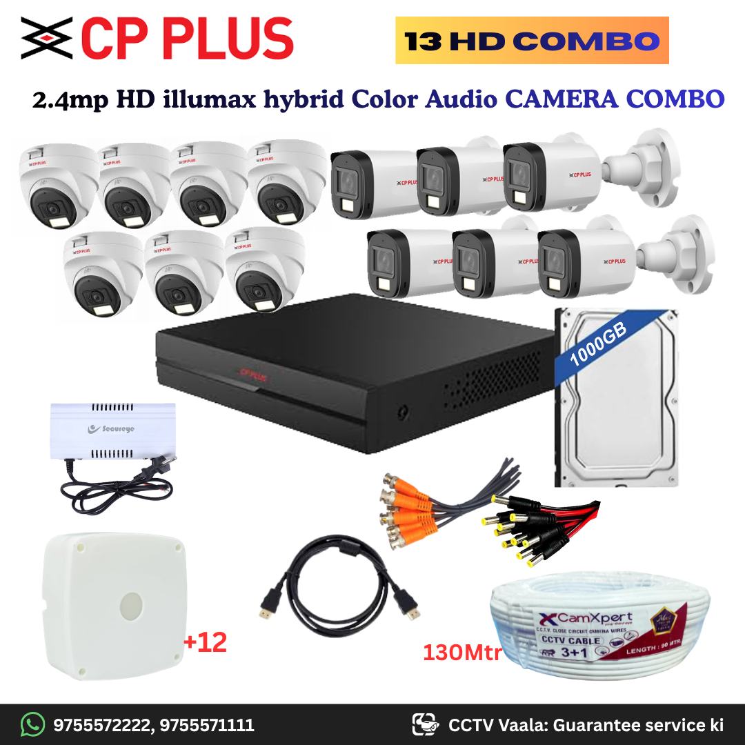 CP PLUS ILLUMAX 13 HD Camera Full HD 2.4MP CCTV Combo Kit | 7 Dome + 6 Bullet Cameras with Audio & Duel LIGHT Color Night Vision | 16CH DVR | 1000GB HDD | Power Supply | 130m 3+1 CCTV Cable | BNC, DC, Camera Boxes, HDMI | FREE Installation