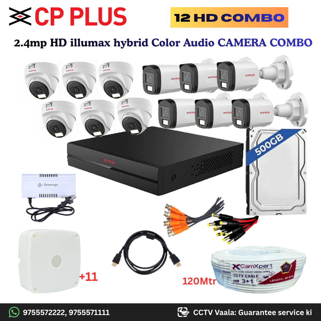 CP PLUS ILLUMAX 12 HD Camera Full HD 2.4MP CCTV Combo Kit | 6 Dome + 6 Bullet Cameras with Audio & Duel LIGHT Color Night Vision | 16CH DVR | 500GB HDD | Power Supply | 120m 3+1 CCTV Cable | BNC, DC, Camera Boxes, HDMI | FREE Installation