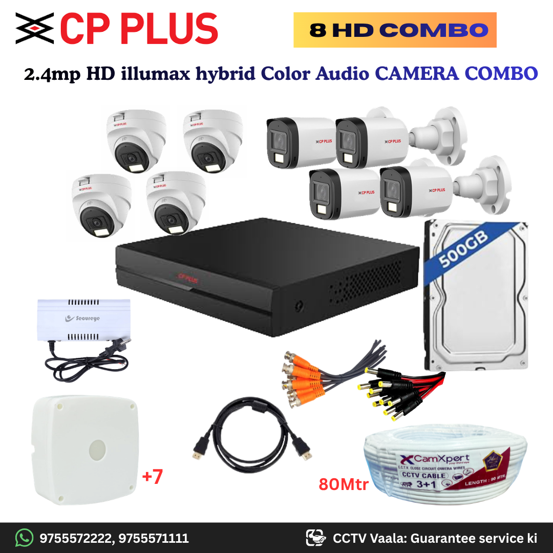CP PLUS ILLUMAX 8 HD Camera Full HD 2.4MP CCTV Combo Kit | 4 Dome + 4 Bullet Cameras with Audio & Duel LIGHT Color Night Vision | 8CH DVR | 500GB HDD | Power Supply | 80m 3+1 CCTV Cable | BNC, DC, Camera Boxes, HDMI | FREE Installation