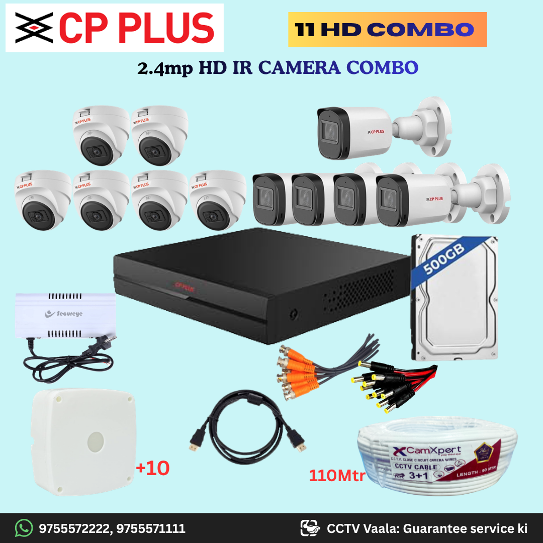 CP PLUS 11 HD Camera Full HD 2.4MP CCTV Combo Kit | 6 Dome + 5 Bullet Cameras with 30mtr IR | 16CH DVR | 500GB HDD | Power Supply | 110m 3+1 CCTV Cable | BNC, DC, Camera Boxes, HDMI | FREE Installation