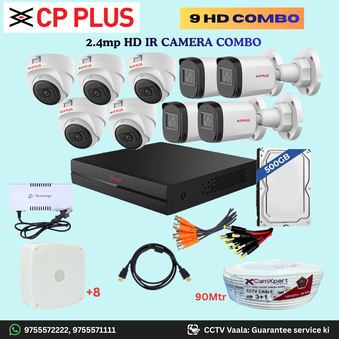 CP PLUS 9 HD Camera Full HD 2.4MP CCTV Combo Kit | 5 Dome + 4 Bullet Cameras with 30mtr IR | 16CH DVR | 500GB HDD | Power Supply | 90m 3+1 CCTV Cable | BNC, DC, Camera Boxes, HDMI | FREE Installation