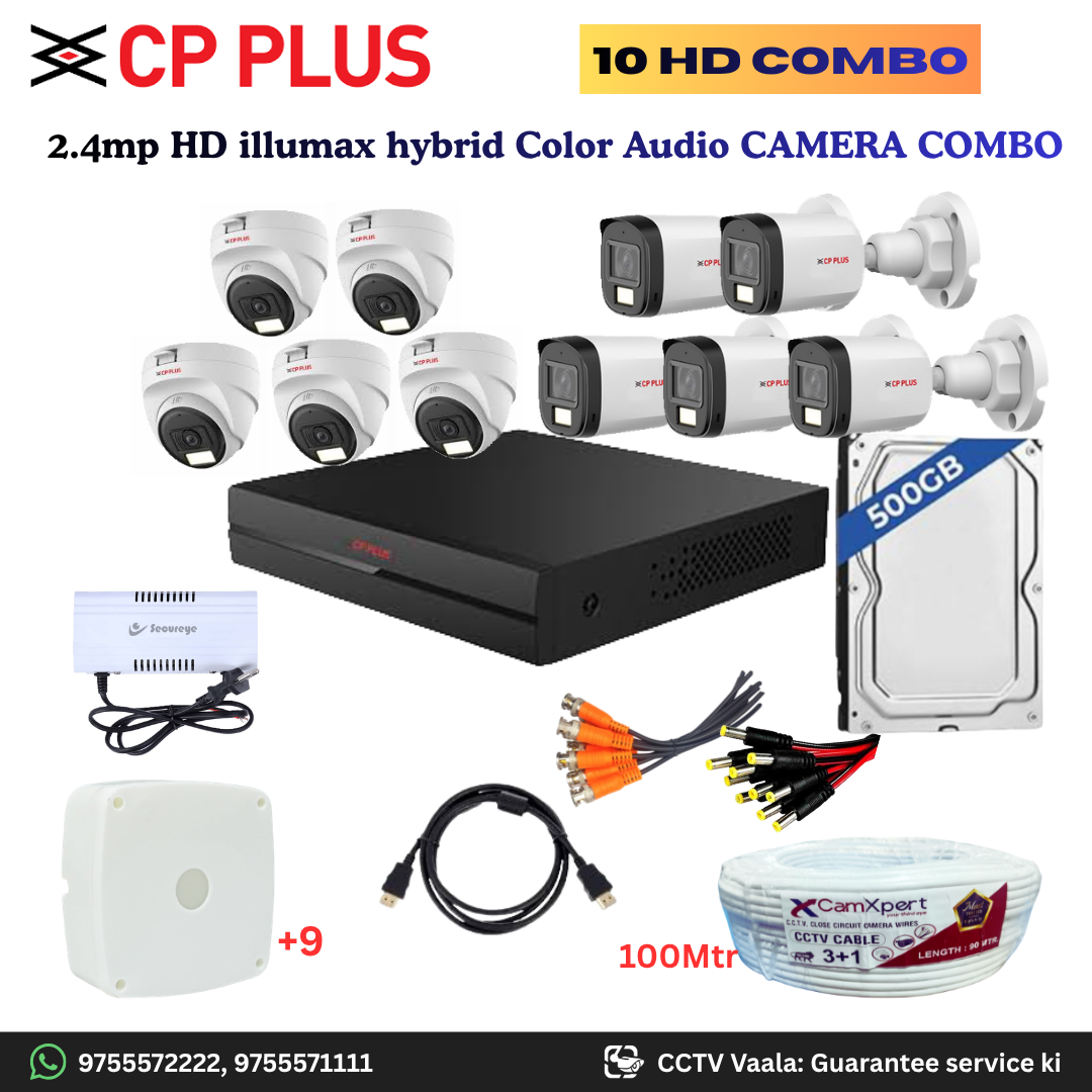 CP PLUS ILLUMAX 10 HD Camera Full HD 2.4MP CCTV Combo Kit | 5 Dome + 5 Bullet Cameras with Audio & Duel LIGHT Color Night Vision | 16CH DVR | 500GB HDD | Power Supply | 100m 3+1 CCTV Cable | BNC, DC, Camera Boxes, HDMI | FREE Installation