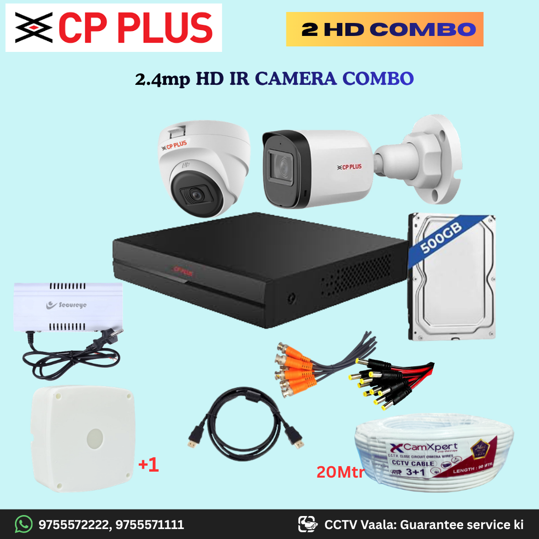 CP PLUS 2 HD Camera Full HD 2.4MP CCTV Combo Kit | 1 Dome + 1 Bullet Cameras with 30mtr IR | 4CH DVR | 500GB HDD | Power Supply | 20m 3+1 CCTV Cable | BNC, DC, Camera Boxes, HDMI | FREE Installation