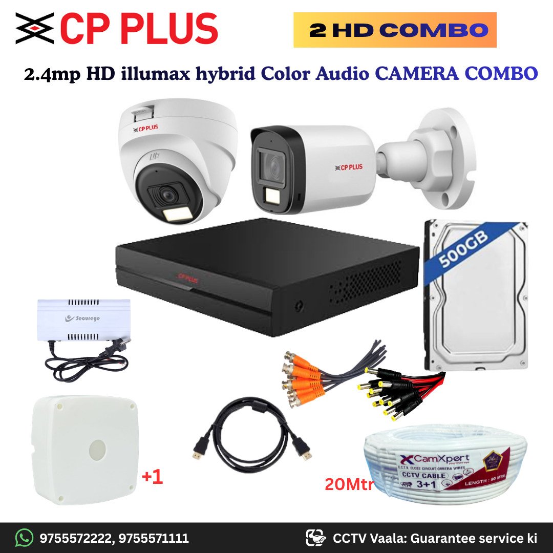 CP PLUS ILLUMAX 2 HD Camera Full HD 2.4MP CCTV Combo Kit | 1 Dome + 1 Bullet Cameras with Audio & Duel LIGHT Color Night Vision | 4CH DVR | 500GB HDD | Power Supply | 20m 3+1 CCTV Cable | BNC, DC, Camera Boxes, HDMI | FREE Installation