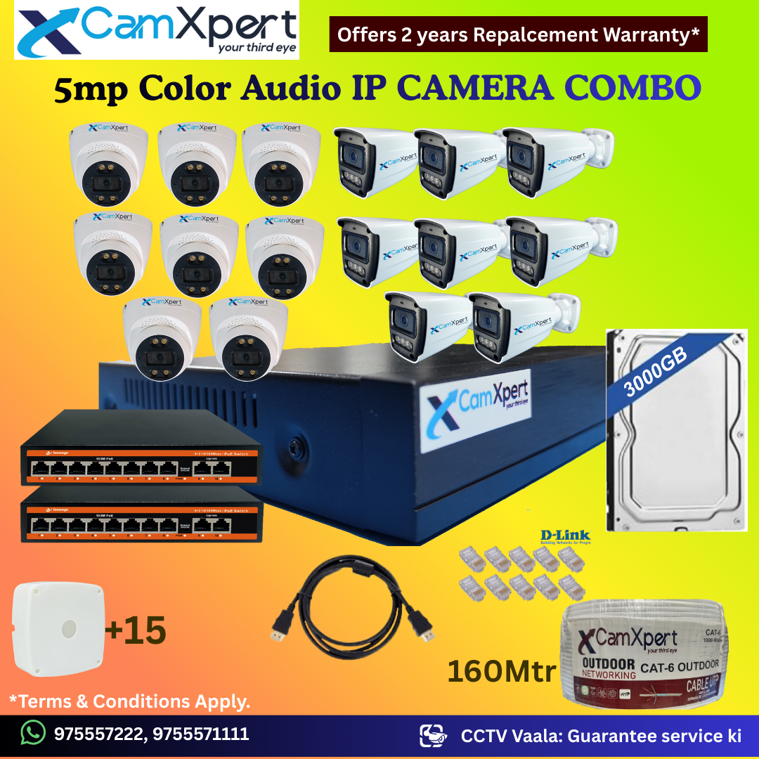 CamXpert 16 IP Camera 5MP Smart IP CCTV Combo Kit | 8 Dome + 8 Bullet Cameras with Audio & Full Color Night Vision | 16CH 8MP NVR | 3000GB HDD | 2 PoE 8+2 | 160m Cat-6 | RJ45, Camera Boxes, HDMI | FREE Installation