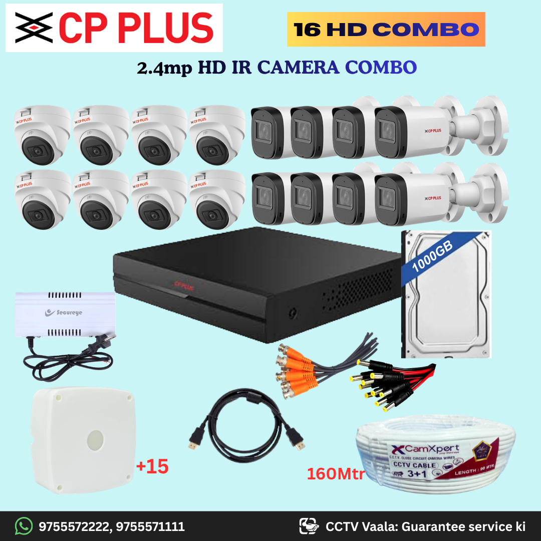 CP PLUS 16 HD Camera Full HD 2.4MP CCTV Combo Kit | 8 Dome + 8 Bullet Cameras with 30mtr IR | 16CH DVR | 1000GB HDD | Power Supply | 160m 3+1 CCTV Cable | BNC, DC, Camera Boxes, HDMI | FREE Installation