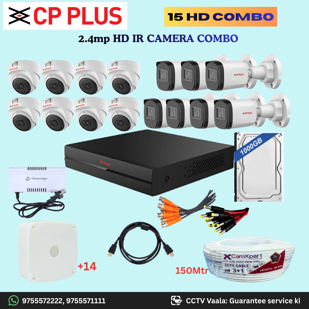 CP PLUS 15 HD Camera Full HD 2.4MP CCTV Combo Kit | 8 Dome + 7 Bullet Cameras with 30mtr IR | 16CH DVR | 1000GB HDD | Power Supply | 150m 3+1 CCTV Cable | BNC, DC, Camera Boxes, HDMI | FREE Installation