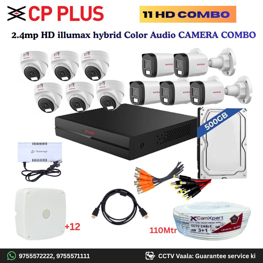 CP PLUS ILLUMAX 11 HD Camera Full HD 2.4MP CCTV Combo Kit | 6 Dome + 5 Bullet Cameras with Audio & Duel LIGHT Color Night Vision | 16CH DVR | 500GB HDD | Power Supply | 110m 3+1 CCTV Cable | BNC, DC, Camera Boxes, HDMI | FREE Installation