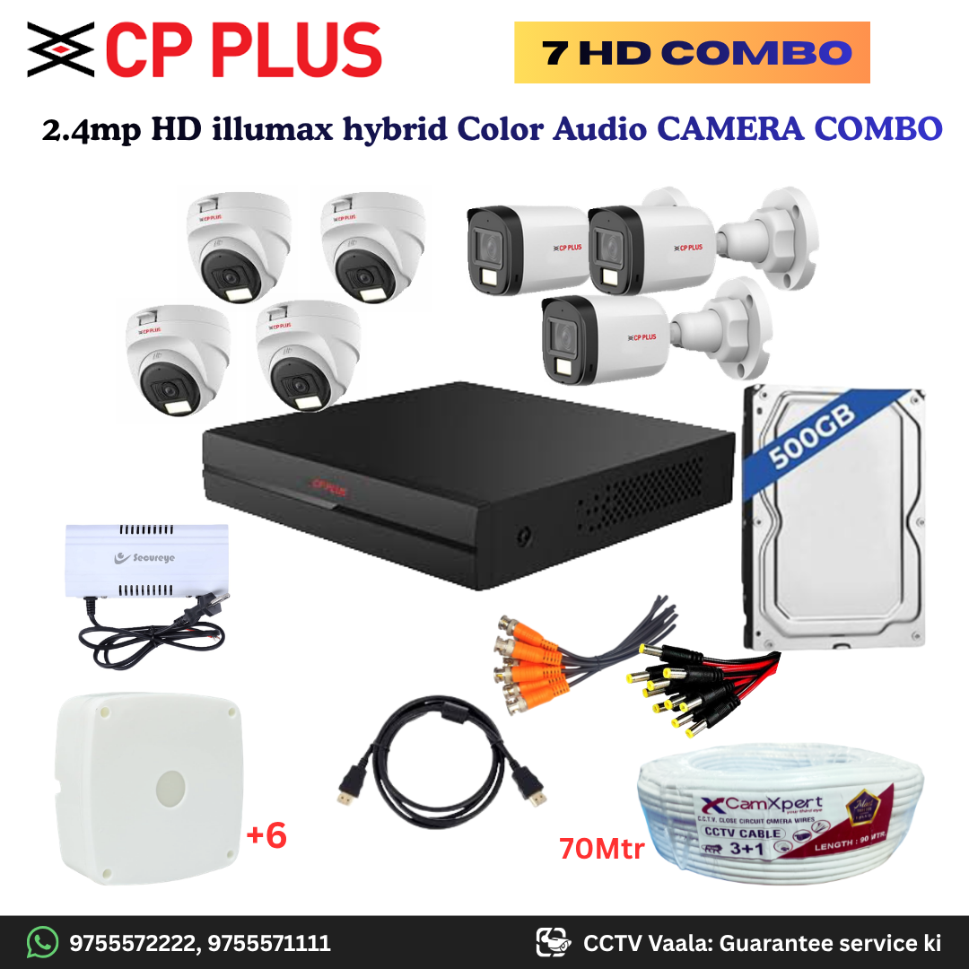 CP PLUS ILLUMAX 7 HD Camera Full HD 2.4MP CCTV Combo Kit | 4 Dome + 3 Bullet Cameras with Audio & Duel LIGHT Color Night Vision | 8CH DVR | 500GB HDD | Power Supply | 70m 3+1 CCTV Cable | BNC, DC, Camera Boxes, HDMI | FREE Installation
