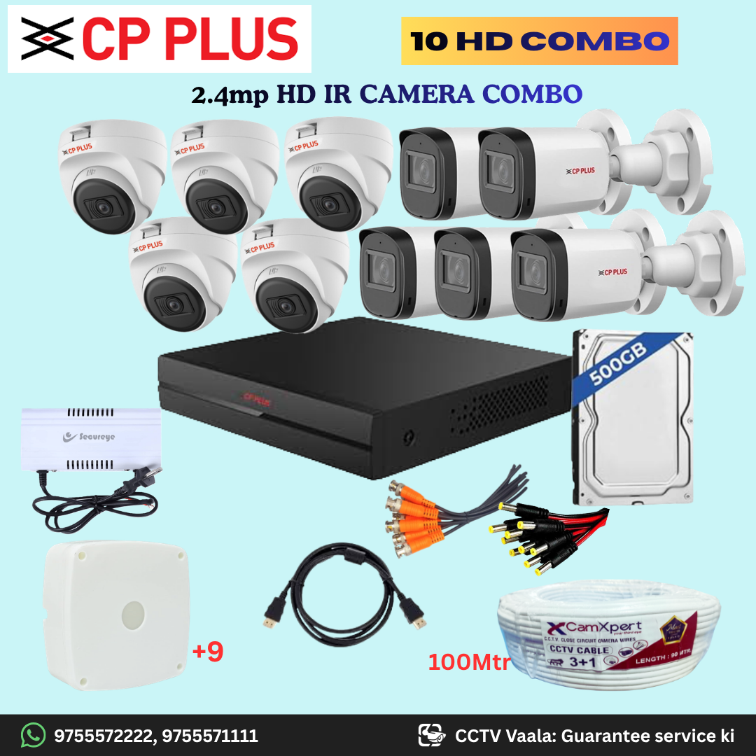 CP PLUS 10 HD Camera Full HD 2.4MP CCTV Combo Kit | 5 Dome + 5 Bullet Cameras with 30mtr IR | 16CH DVR | 500GB HDD | Power Supply | 100m 3+1 CCTV Cable | BNC, DC, Camera Boxes, HDMI | FREE Installation