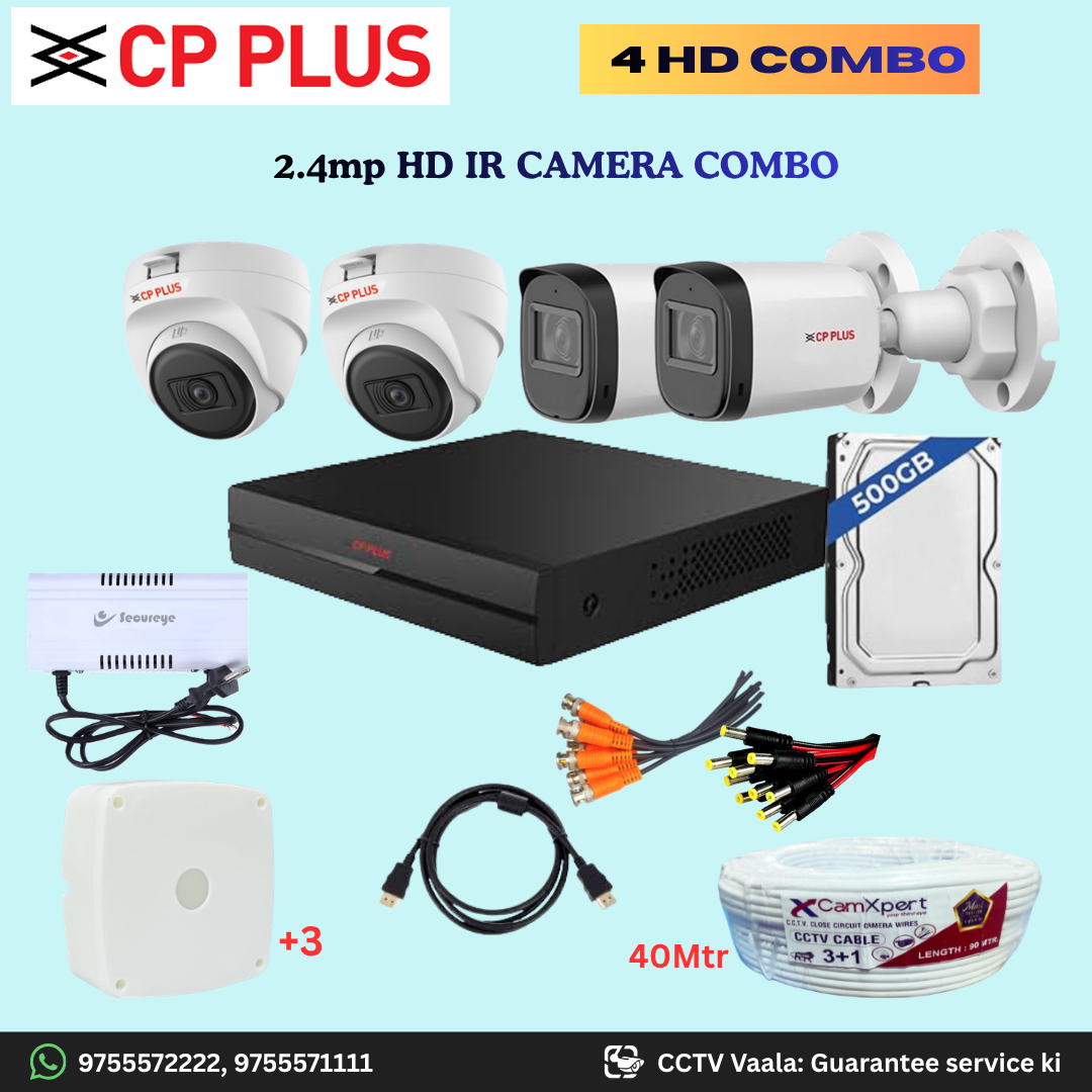 CP PLUS 4 HD Camera Full HD 2.4MP CCTV Combo Kit | 2 Dome + 2 Bullet Cameras with 30mtr IR | 4CH DVR | 500GB HDD | Power Supply | 40m 3+1 CCTV Cable | BNC, DC, Camera Boxes, HDMI | FREE Installation