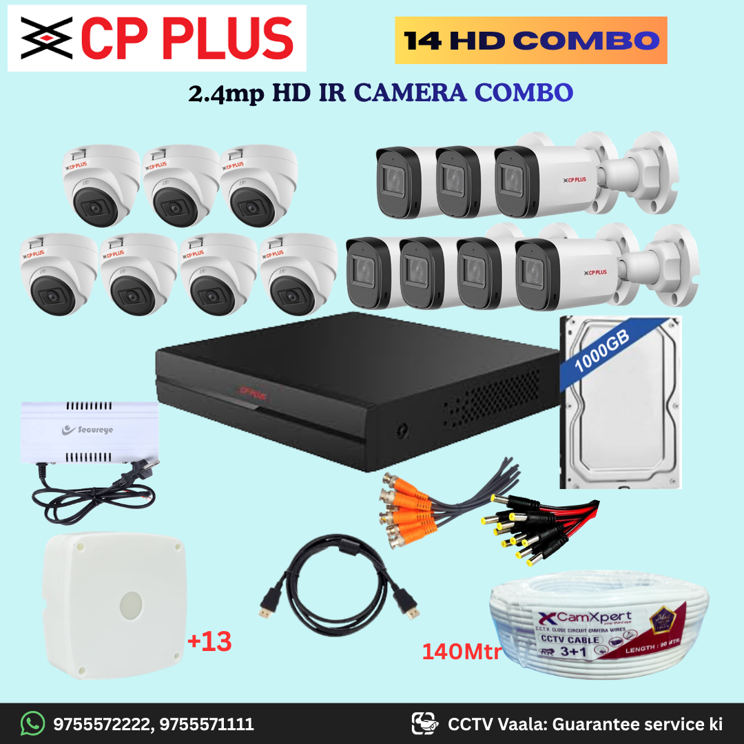 CP PLUS 14 HD Camera Full HD 2.4MP CCTV Combo Kit | 7 Dome + 7 Bullet Cameras with 30mtr IR | 16CH DVR | 1000GB HDD | Power Supply | 140m 3+1 CCTV Cable | BNC, DC, Camera Boxes, HDMI | FREE Installation