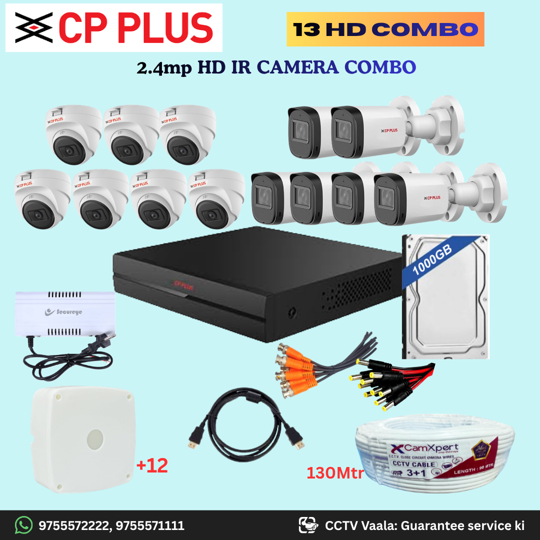 CP PLUS 13 HD Camera Full HD 2.4MP CCTV Combo Kit | 7 Dome + 6 Bullet Cameras with 30mtr IR | 16CH DVR | 1000GB HDD | Power Supply | 130m 3+1 CCTV Cable | BNC, DC, Camera Boxes, HDMI | FREE Installation