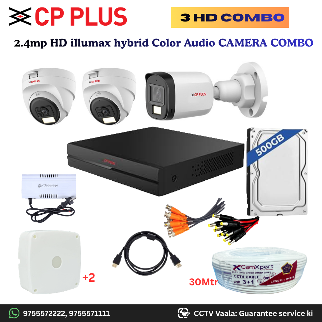 CP PLUS ILLUMAX 3 HD Camera Full HD 2.4MP CCTV Combo Kit | 2 Dome + 1 Bullet Cameras with Audio & Duel LIGHT  Color Night Vision | 4CH DVR | 500GB HDD | Power Supply | 30m 3+1 CCTV Cable | BNC, DC, Camera Boxes, HDMI | FREE Installation