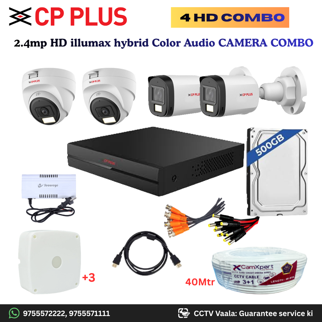 CP PLUS ILLUMAX 4 HD Camera Full HD 2.4MP CCTV Combo Kit | 2 Dome + 2 Bullet Cameras with Audio & Duel LIGHT Color Night Vision | 4CH DVR | 500GB HDD | Power Supply | 40m 3+1 CCTV Cable | BNC, DC, Camera Boxes, HDMI | FREE Installation