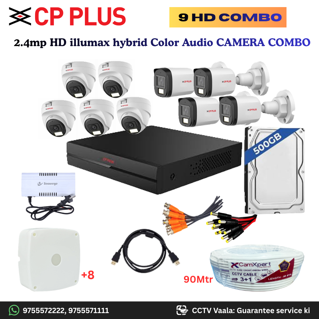 CP PLUS ILLUMAX 9 HD Camera Full HD 2.4MP CCTV Combo Kit | 5 Dome + 4 Bullet Cameras with Audio & Duel LIGHT Color Night Vision | 16CH DVR | 500GB HDD | Power Supply | 90m 3+1 CCTV Cable | BNC, DC, Camera Boxes, HDMI | FREE Installation