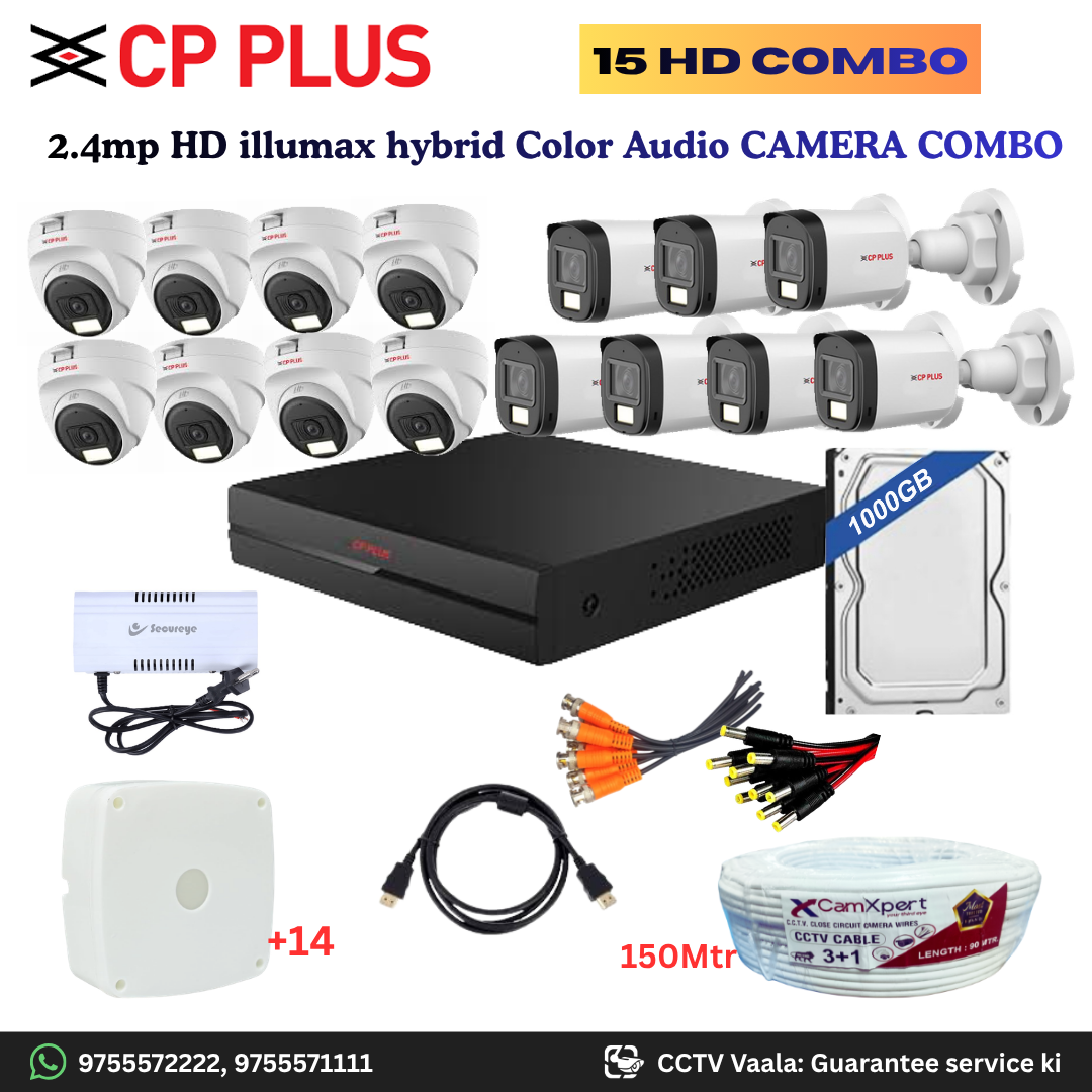 CP PLUS ILLUMAX 15 HD Camera Full HD 2.4MP CCTV Combo Kit | 8 Dome + 7 Bullet Cameras with Audio & Duel LIGHT Color Night Vision | 16CH DVR | 1000GB HDD | Power Supply | 150m 3+1 CCTV Cable | BNC, DC, Camera Boxes, HDMI | FREE Installation