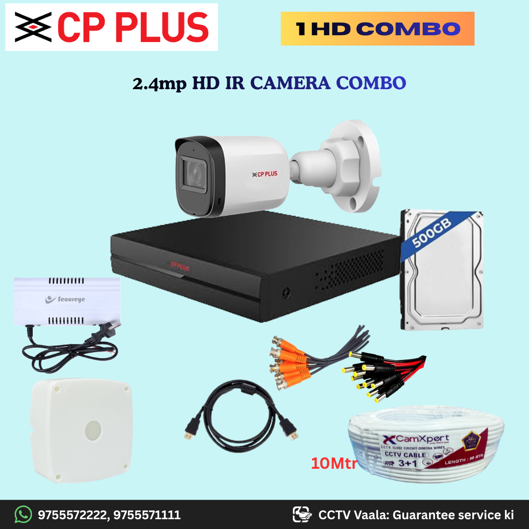 CP PLUS 1 HD Camera Full HD 2.4MP CCTV Combo Kit | 1 Bullet Cameras with 30mtr IR | 4CH DVR | 500GB HDD | Power Supply | 10m 3+1 CCTV Cable | BNC, DC, Camera Boxes, HDMI | FREE Installation