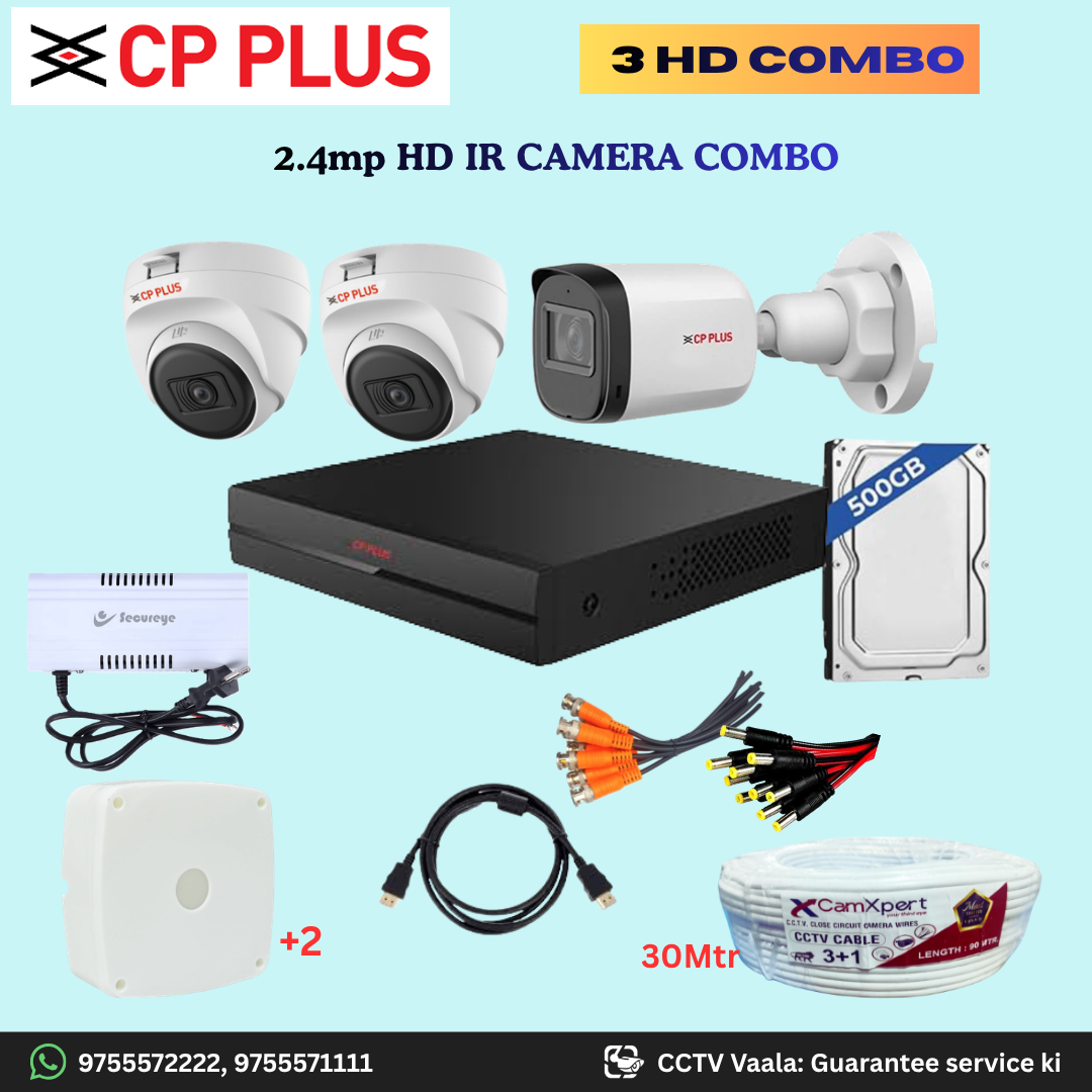 CP PLUS 3 HD Camera Full HD 2.4MP CCTV Combo Kit | 2 Dome + 1 Bullet Cameras with Audio & Duel LIGHT  Color Night Vision | 4CH DVR | 500GB HDD | Power Supply | 30m 3+1 CCTV Cable | BNC, DC, Camera Boxes, HDMI | FREE Installation