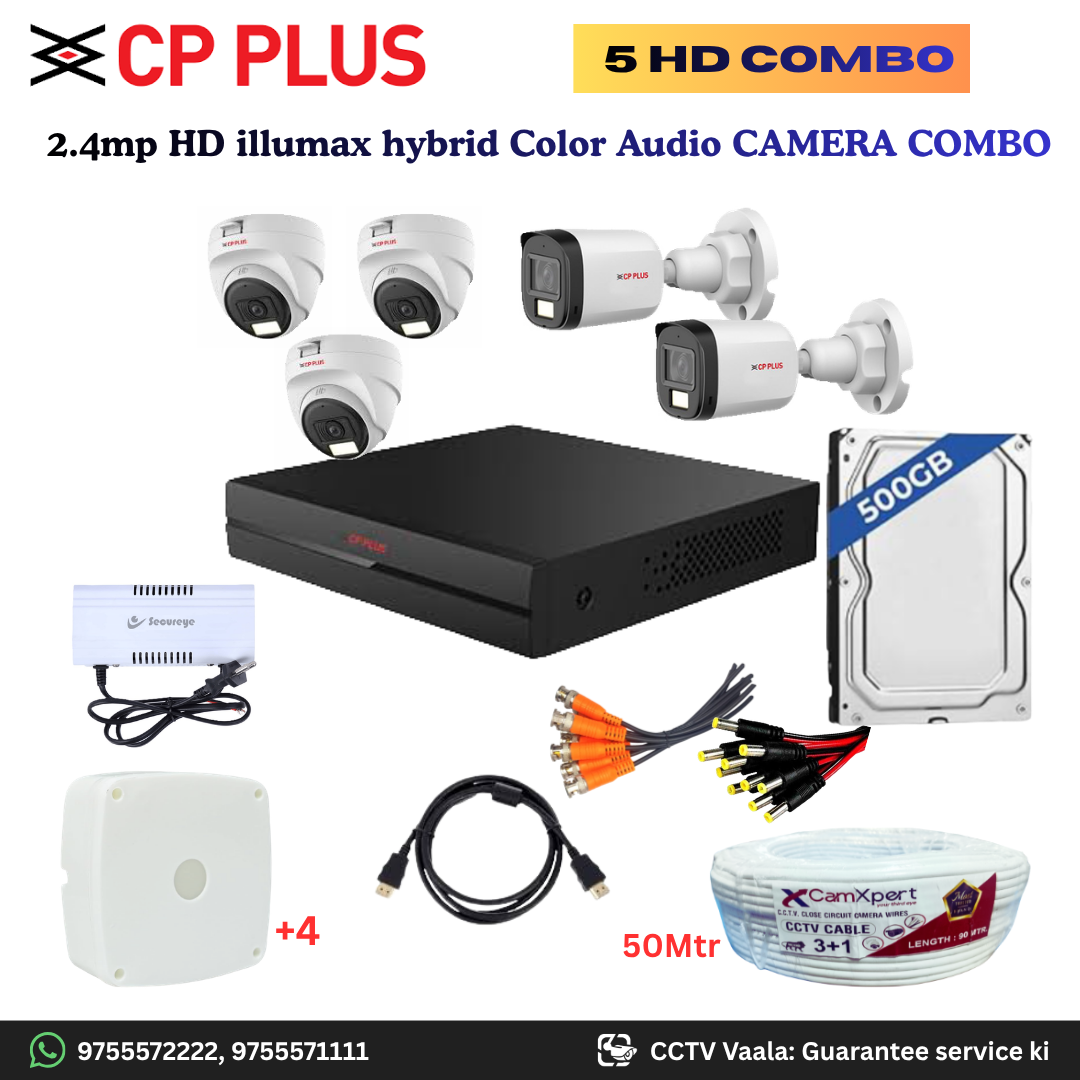 CP PLUS ILLUMAX 5 HD Camera Full HD 2.4MP CCTV Combo Kit | 3 Dome + 2 Bullet Cameras with Audio & Duel LIGHT Color Night Vision | 8CH DVR | 500GB HDD | Power Supply | 50m 3+1 CCTV Cable | BNC, DC, Camera Boxes, HDMI | FREE Installation